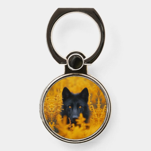 Black Dog with Stunning Gold Eyes Phone Ring Stand (Front)