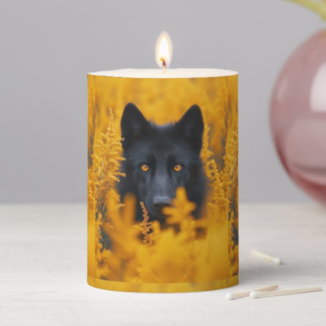 Black Dog with Stunning Gold Eyes Pillar Candle (In Situ)