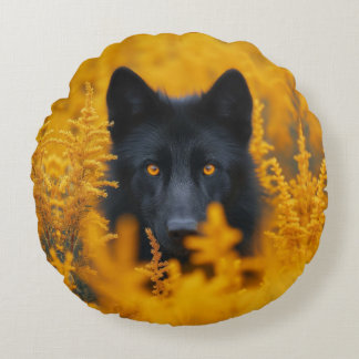 Black Dog with Stunning Gold Eyes Round Pillow