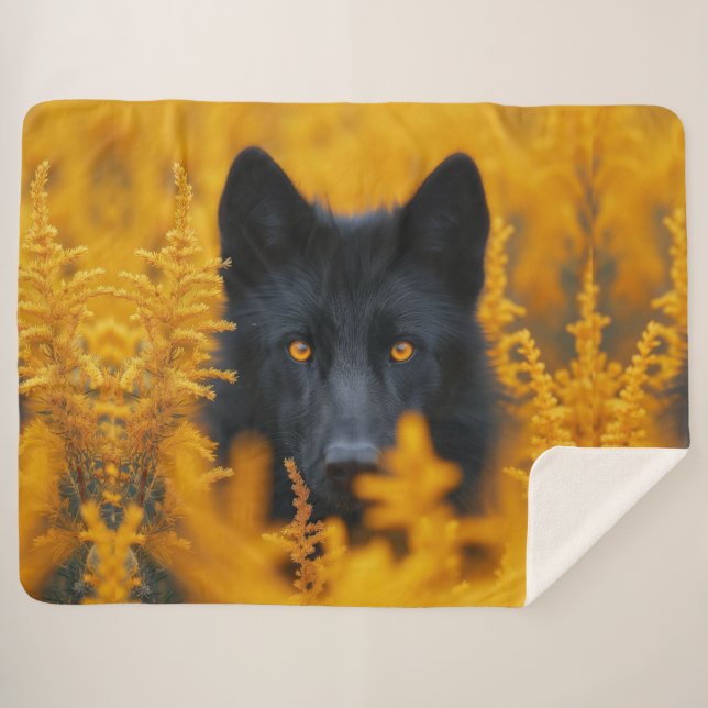 Black Dog with Stunning Gold Eyes Sherpa Blanket (Front (Horizontal))