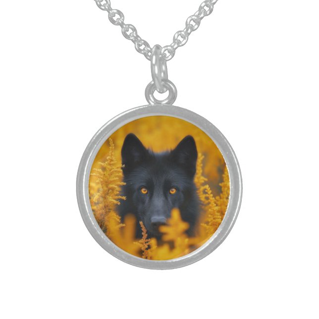 Black Dog with Stunning Gold Eyes Sterling Silver Necklace (Front)