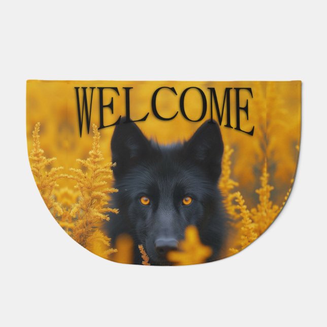 Black Dog with Stunning Gold Eyes Welcome Doormat (Front)