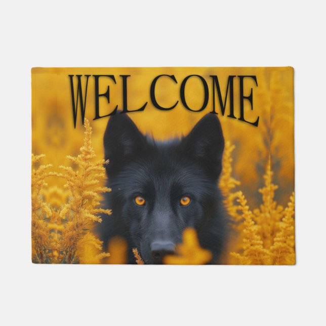 Black Dog with Stunning Gold Eyes Welcome Doormat (Front)