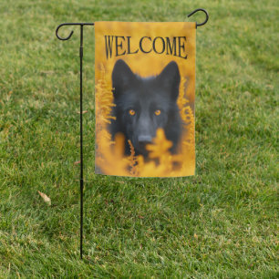 Black Dog with Stunning Gold Eyes Welcome Garden Flag