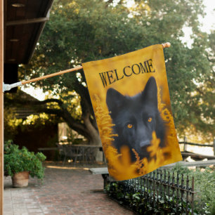 Black Dog with Stunning Gold Eyes Welcome House Flag