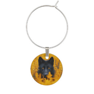 Black Dog with Stunning Gold Eyes Wine Charm