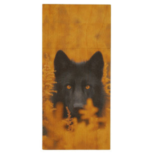 Black Dog with Stunning Gold Eyes Wood Flash Drive