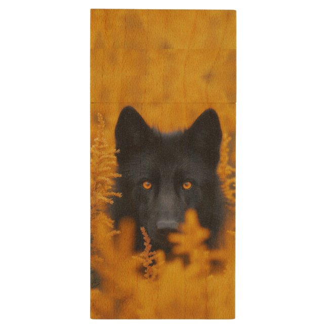 Black Dog with Stunning Gold Eyes Wood Flash Drive (Back (Vertical))