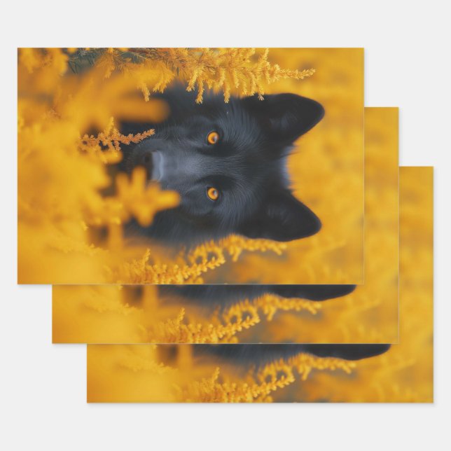Black Dog with Stunning Gold Eyes Wrapping Paper Sheets (Set)