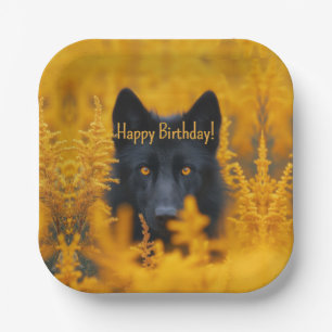 Black Dog Wolf with Gold Eyes Happy Birthday Paper Plates