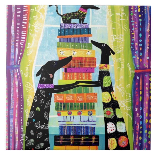 Black Dogs Balancing Book Tower Stack Ceramic Tile (Front)