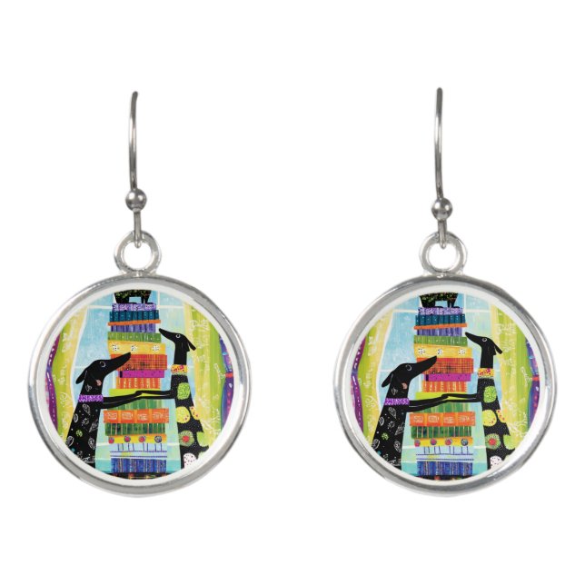 Black Dogs Balancing Book Tower Stack Earrings (Front)