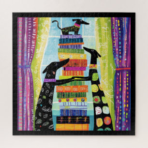 Black Dogs Balancing Book Tower Stack Jigsaw Puzzle