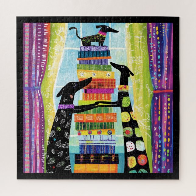 Black Dogs Balancing Book Tower Stack Jigsaw Puzzle (Vertical)