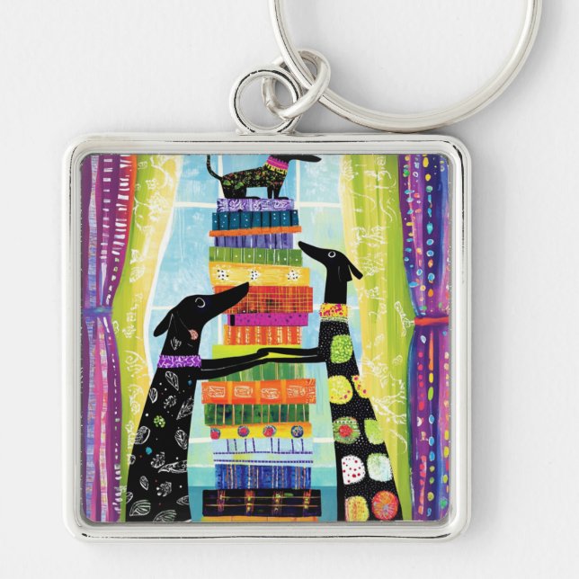 Black Dogs Balancing Book Tower Stack Keychain (Front)