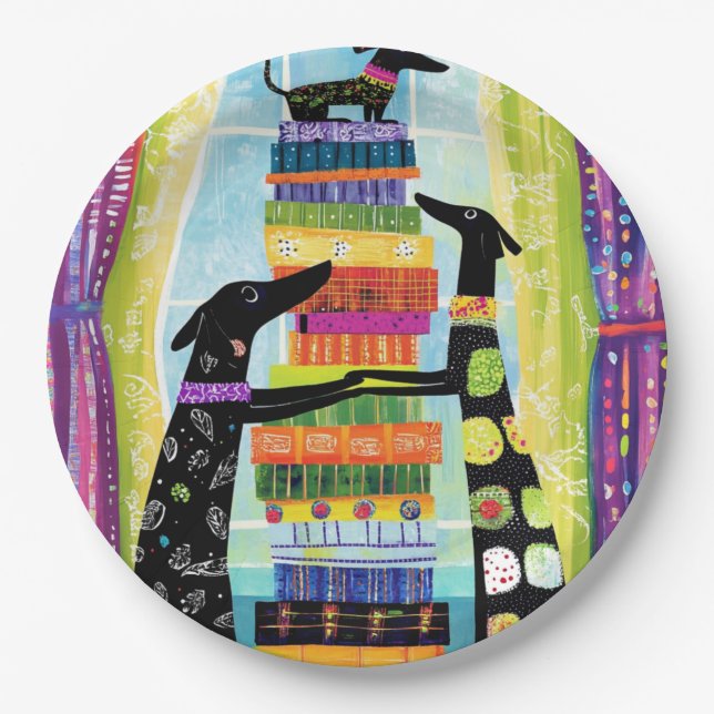 Black Dogs Balancing Book Tower Stack Paper Plates (Front)