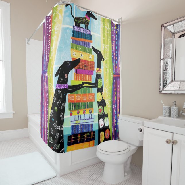 Black Dogs Balancing Book Tower Stack Shower Curtain (In Situ)