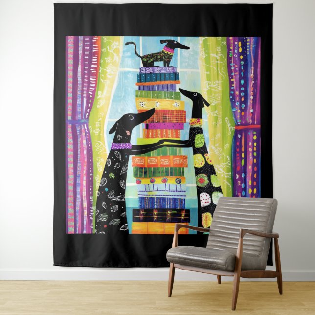 Black Dogs Balancing Book Tower Stack Tapestry (In Situ)