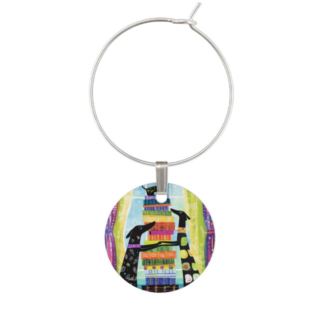 Black Dogs Balancing Book Tower Stack Wine Charm (Front)