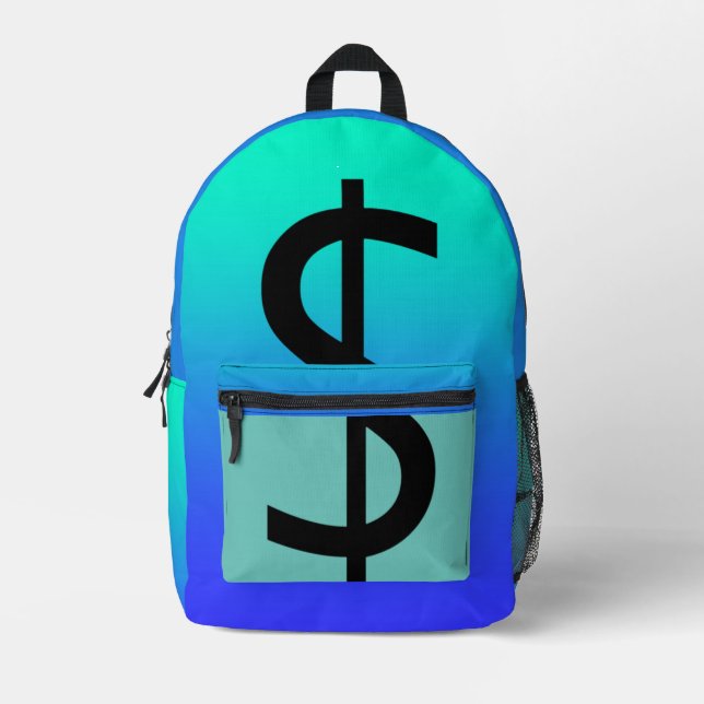 Black Dollar Sign Aqua  Printed Backpack (Front)