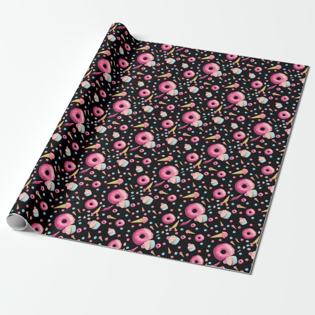 Black Donut Collage Wrapping Paper (Unrolled)