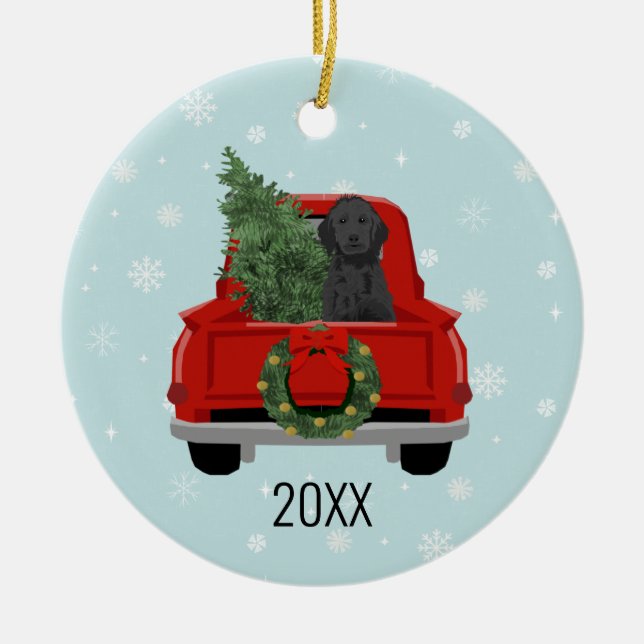 Black Doodle Dog Red Christmas Truck Ornament (Front)