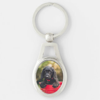 Black Doodle Puppy in a Red Bucket Keychain