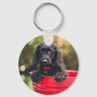 Black Doodle Puppy in a Red Bucket Keychain