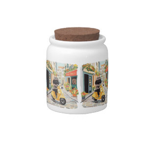 Black Doodle Riding Scooter European City Streets Candy Jar