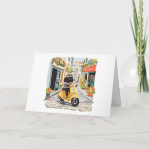 Black Doodle Riding Scooter European City Streets Card
