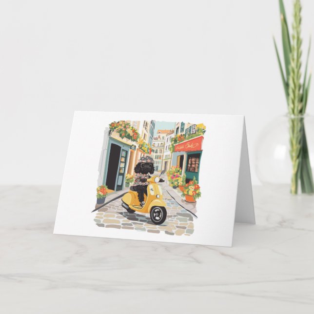 Black Doodle Riding Scooter European City Streets Card (Front)