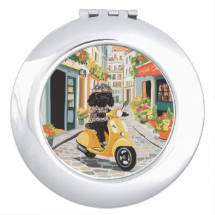 Black Doodle Riding Scooter European City Streets Compact Mirror