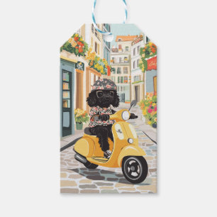 Black Doodle Riding Scooter European City Streets Gift Tags