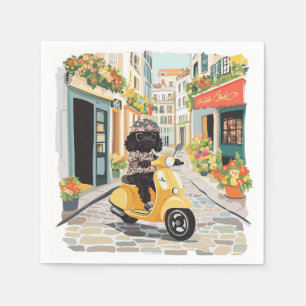 Black Doodle Riding Scooter European City Streets Napkins