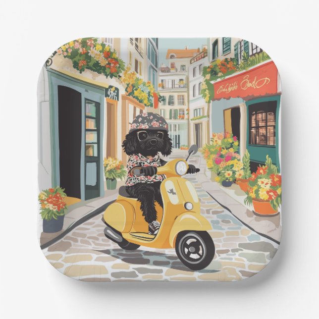 Black Doodle Riding Scooter European City Streets Paper Plates (Front)