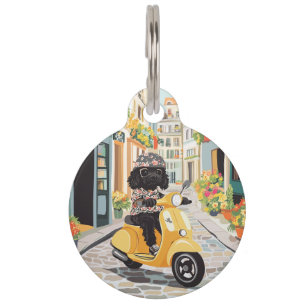 Black Doodle Riding Scooter European City Streets Pet ID Tag