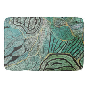 Black Doodled Leaves on Teal and Gold Bath Mat