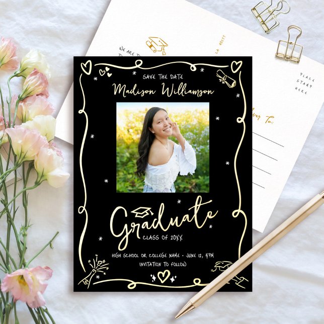 Black Doodles Graduation Save Date Photo Real Gold Foil Invitation Postcard (Creator Uploaded)