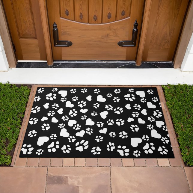 Black Doormat with White Heart Shape and Paw Print (Outdoor)