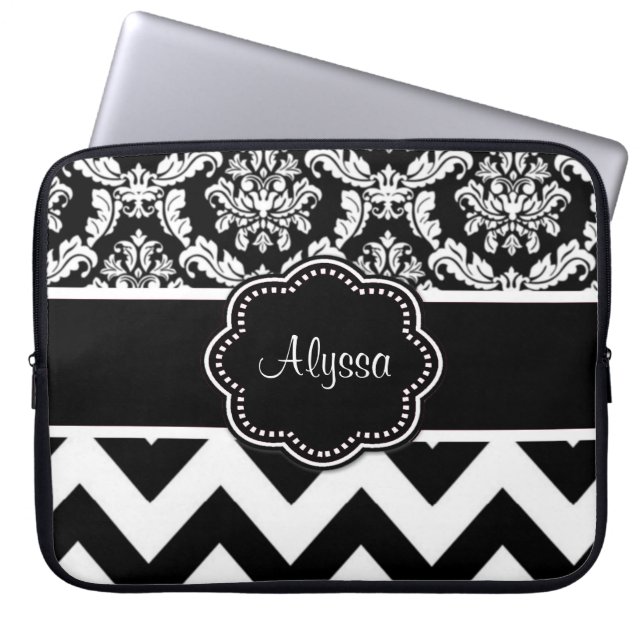 Black Dot Damask Personalized Laptop Case (Front)