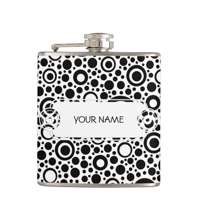 Black Dots & Circle Pattern + your text & backgr. Flask (Front)