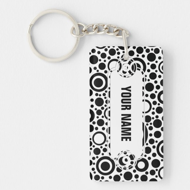 Black Dots & Circle Pattern + your text & backgr. Keychain (Front)
