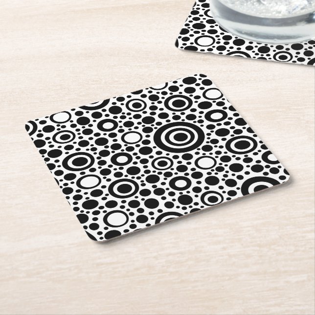 Black Dots & Circles Grid + your backgr. Square Paper Coaster (Angled)