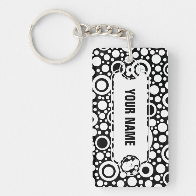 Black Dots & Circles Grid + your backgr. & text Keychain (Front)