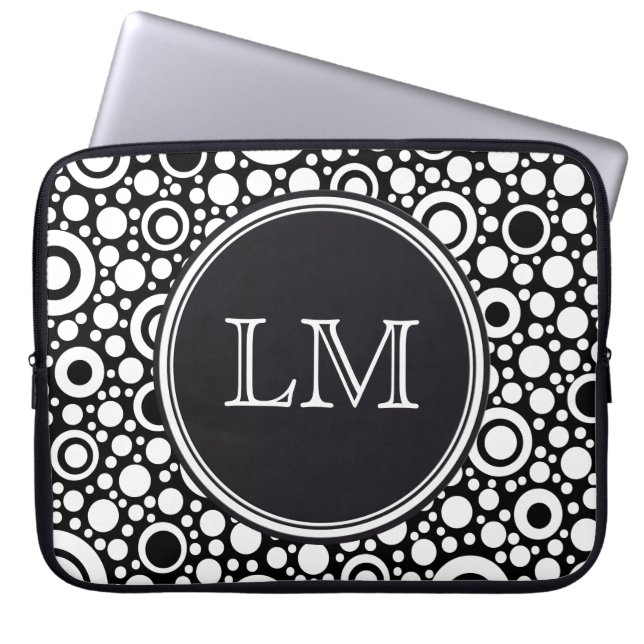 Black Dots & Circles Grid + your backgr. & text Laptop Sleeve (Front)