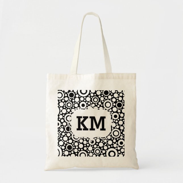 Black Dots & Circles Grid + your backgr. & text Tote Bag (Front)