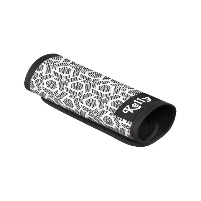 Black dots on white, geometric pattern luggage handle wrap (Angled)