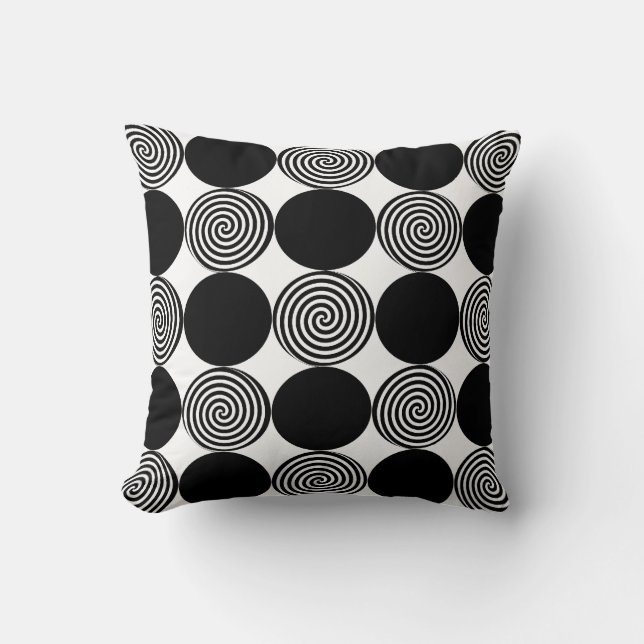 Black Dots & Swirls on White Throw Pillow (Front)