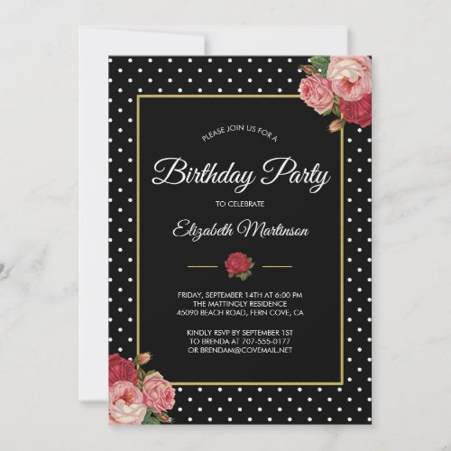 Black Dots Vintage Floral Fun Retro Birthday Party Invitation