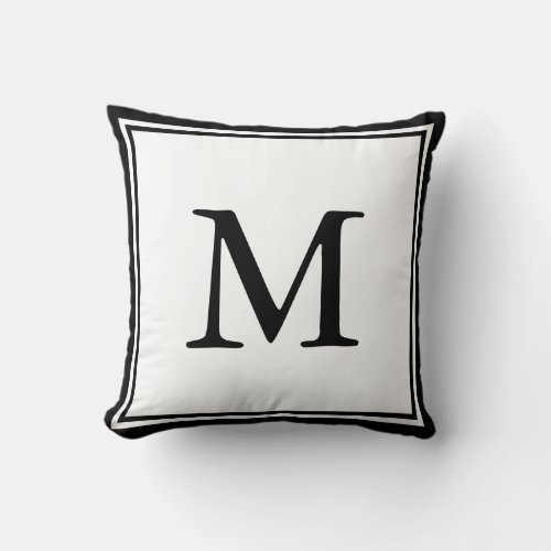 Black Double Border and Letter and White Throw Pillow